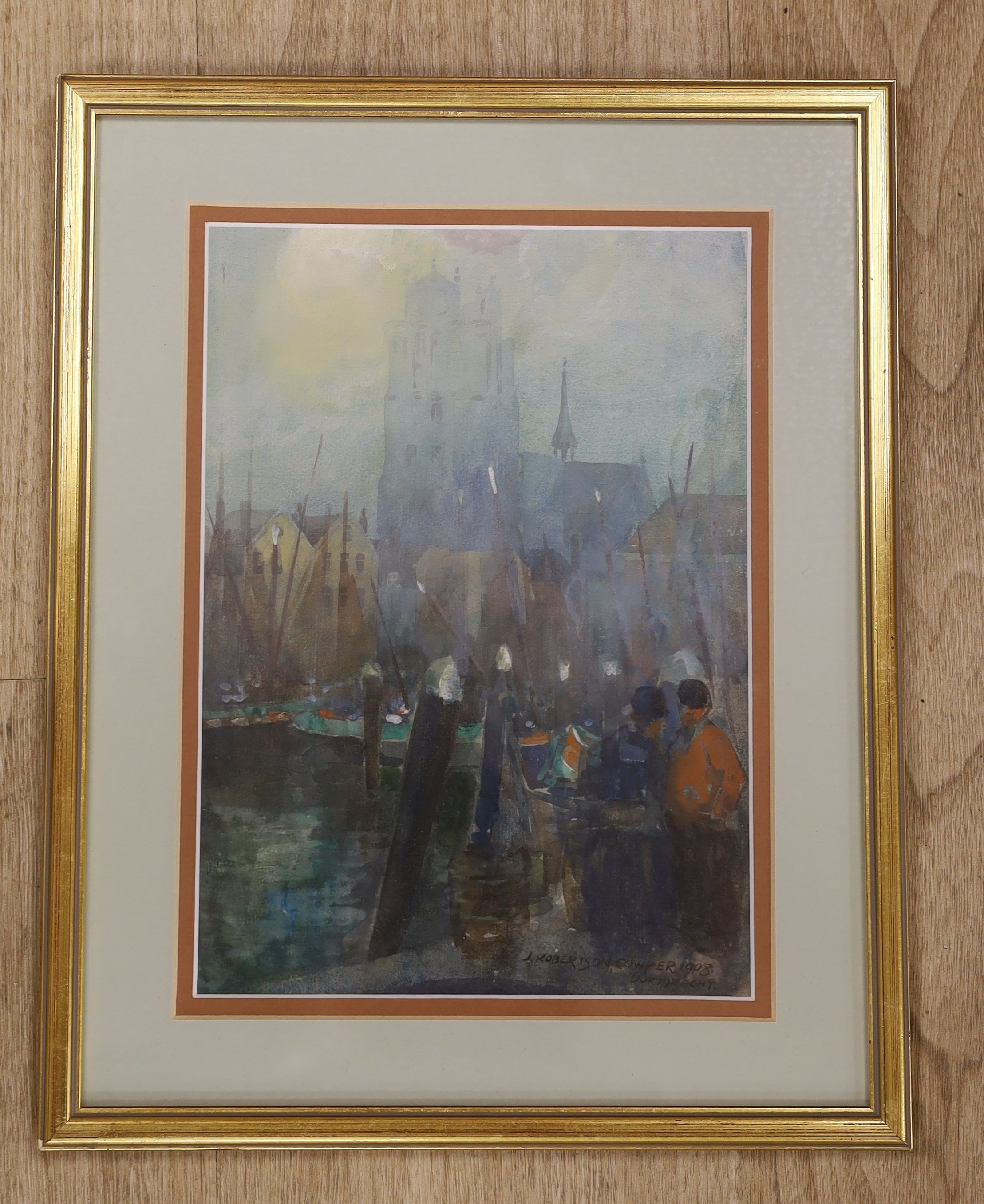 J. Robertson Cowper, watercolour, The harbour, Dordrecht, signed and dated 1908, 25 x 18cm.